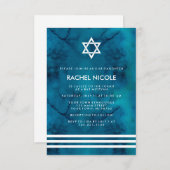 青および白い水彩画ストライプなバルミツワー 招待状 (正面/裏面)