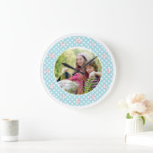 青および白い水玉模様のパーソナライズな写真 ラージ壁時計 (ホーム)