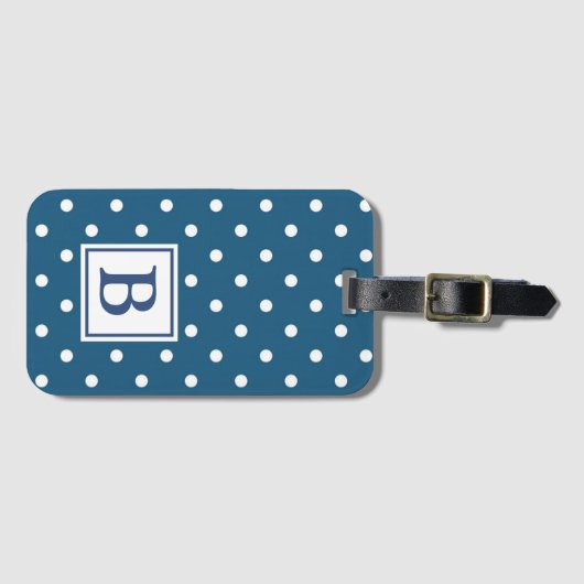青および白い水玉模様のモノグラム ラゲッジタグ (正面横)