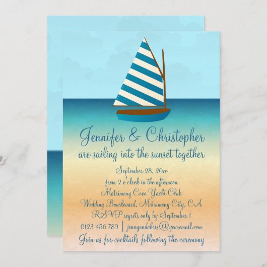 青および白い航行ボートの結婚式 招待状 (正面/裏面)