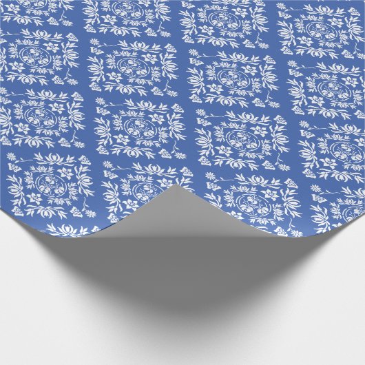 青および白い花のダマスク織の包装紙 ラッピングペーパー (角)