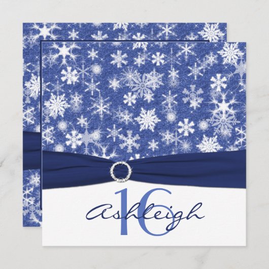 青および白い雪片の誕生日の招待状 招待状 (正面/裏面)