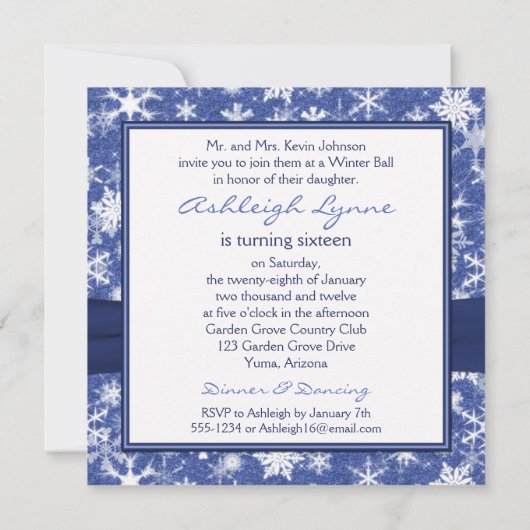 青および白い雪片の誕生日の招待状 招待状 (裏面)
