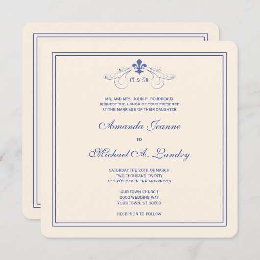 青および白い（紋章の）フラ・ダ・リスクロールフォーマルな結婚式 招待状 (正面/裏面)