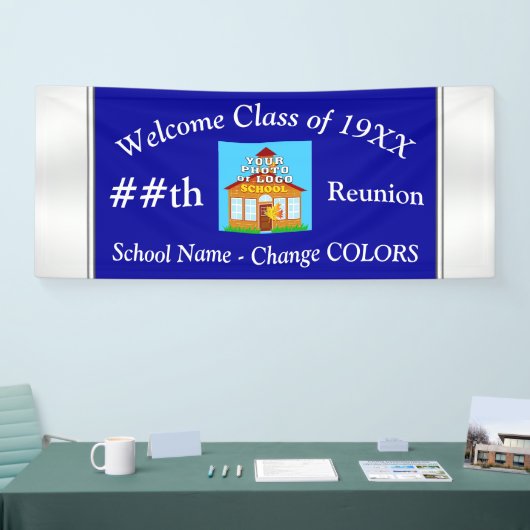 青および白くパーソナライズな同窓会の旗 横断幕 (トレードショー)