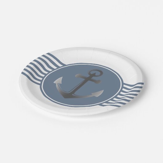 青および白く航海のないかりは縞で飾ります ペーパープレート (アングル)
