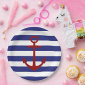 青および白のストライプの航海ので赤いいかり ペーパープレート (パーティー)