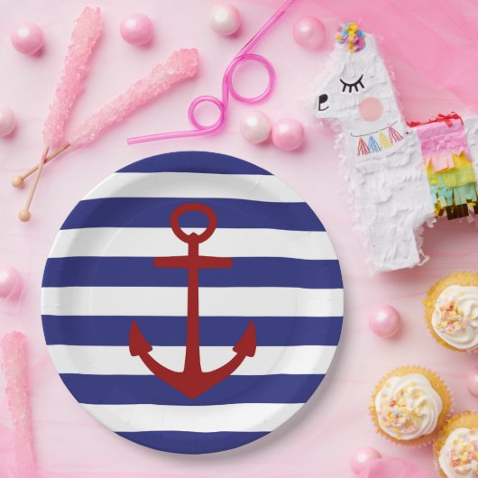 青および白のストライプの航海ので赤いいかり ペーパープレート (パーティー)
