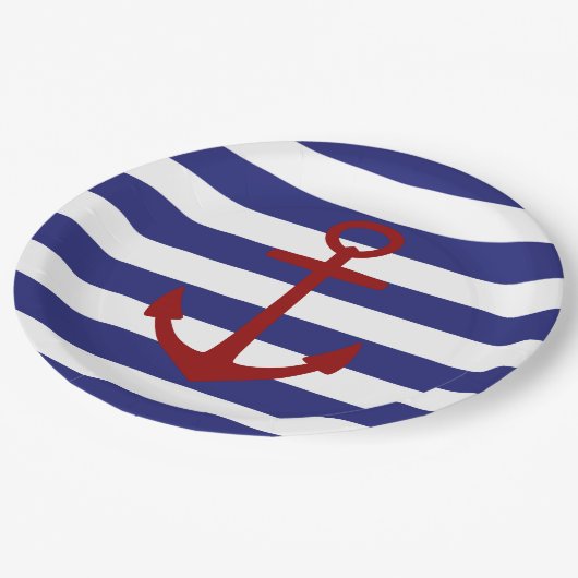 青および白のストライプの航海ので赤いいかり ペーパープレート (アングル)