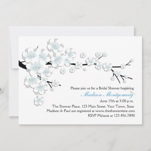 青および白ブライダルシャワーは活気付きます 招待状 (正面)