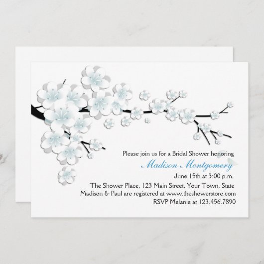 青および白ブライダルシャワーは活気付きます 招待状 (正面/裏面)