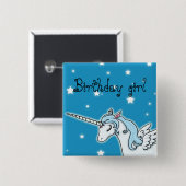 青および白人のペガソスのユニコーンの誕生日の女の子 缶バッジ (正面&裏面)