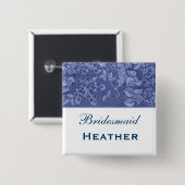 青および白人のヴィンテージの花の新婦付添人 缶バッジ (正面&裏面)