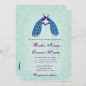 青および紫色の仲の良い恋人同士の孔雀の結婚 招待状 (正面/裏面)