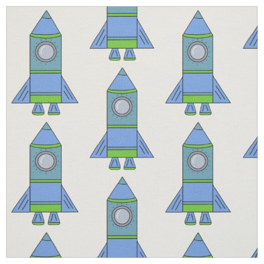 青および緑のロケットの宇宙パターン子供 ファブリック (見本)