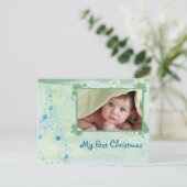 青および緑の木の初めてのクリスマスの写真の郵便はがき シーズンポストカード (スタンド正面)