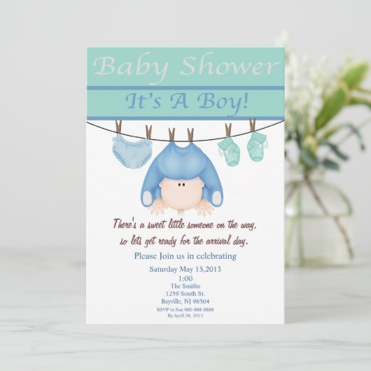 青および緑の男の子のベビーシャワーの招待状 招待状 (スタンド正面)