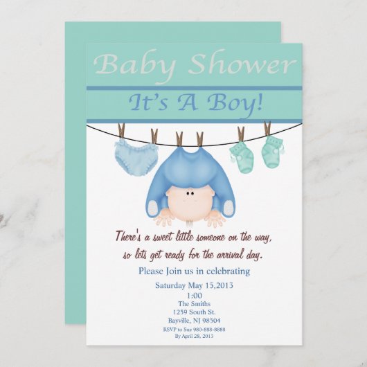 青および緑の男の子のベビーシャワーの招待状 招待状 (正面/裏面)