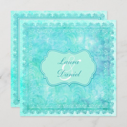 青および緑の花のレースの結婚式招待状 招待状 (正面/裏面)