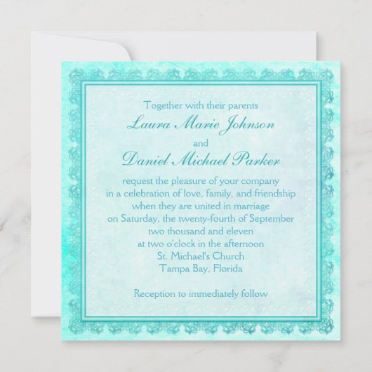 青および緑の花のレースの結婚式招待状 招待状 (裏面)