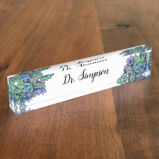 青および緑の花の水彩画の芸術 デスクネームプレート (側面)