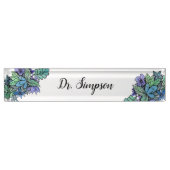 青および緑の花の水彩画の芸術 デスクネームプレート (正面)