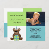 青および緑の誕生日のテディー・ベアの招待状 招待状 (正面/裏面)