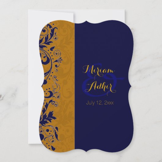 青および金ゴールドのイスラム教の結婚式または婚約 招待状 (正面)