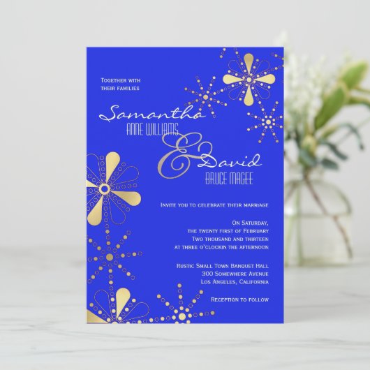 青および金ゴールドのインディアンの刺激を受けたな結婚式 招待状 (スタンド正面)