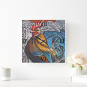 青および金ゴールドのオンドリ スクエア壁時計 (ホーム)