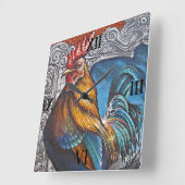 青および金ゴールドのオンドリ スクエア壁時計 (傾斜)