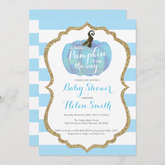 青および金ゴールドのカボチャ男の子のベビーシャワーの招待状 招待状 (正面/裏面)