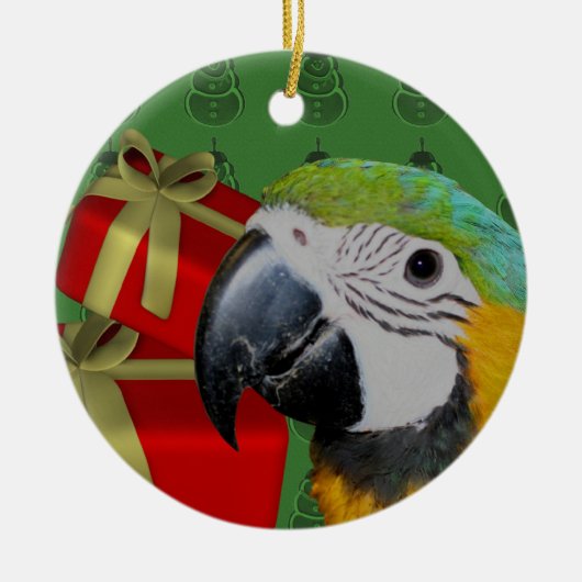 青および金ゴールドのコンゴウインコのオウムのクリスマスのオーナメント セラミックオーナメント (正面)