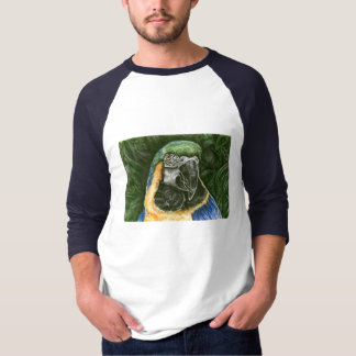 青および金ゴールドのコンゴウインコの人の基本的な3/4のRaglan Tシャツ