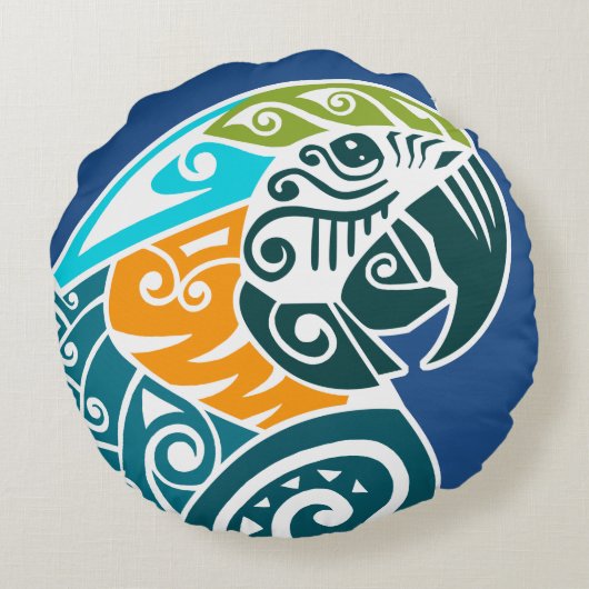 青および金ゴールドのコンゴウインコの種族の入れ墨 ラウンドクッション (裏面)