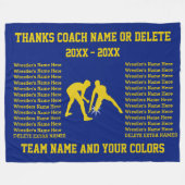 青および金ゴールドのパーソナライズなレスリングのコーチのギフト フリースブランケット (正面(横))