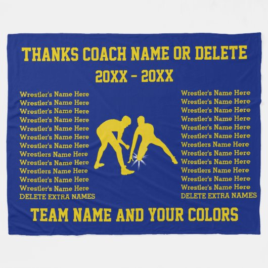 青および金ゴールドのパーソナライズなレスリングのコーチのギフト フリースブランケット (正面(横))