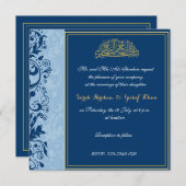 青および金ゴールドのブロケードのイスラム教の結婚式 招待状 (正面/裏面)
