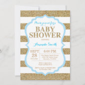 青および金ゴールドのベビーシャワーの招待状のグリッター 招待状 (正面)