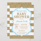 青および金ゴールドのベビーシャワーの招待状のグリッター 招待状 (正面/裏面)