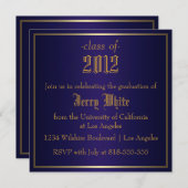 青および金ゴールドの卒業 招待状 (正面/裏面)