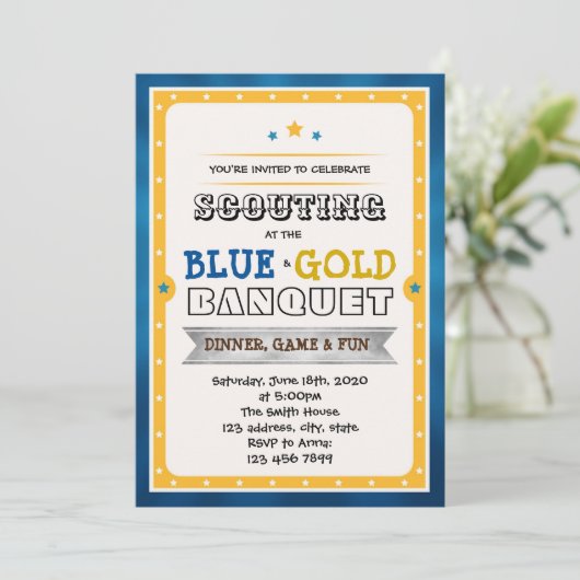 青および金ゴールドの宴会のパーティの招待状 招待状 (スタンド正面)