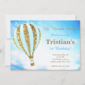 青および金ゴールドの熱気の気球の招待 招待状 (正面)