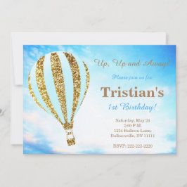 青および金ゴールドの熱気の気球の招待 招待状