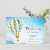 青および金ゴールドの熱気の気球の招待 招待状 (スタンド正面)