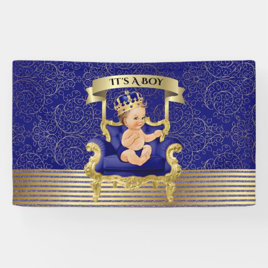 青および金ゴールドの男の子のベビーシャワーの旗 横断幕 (横)