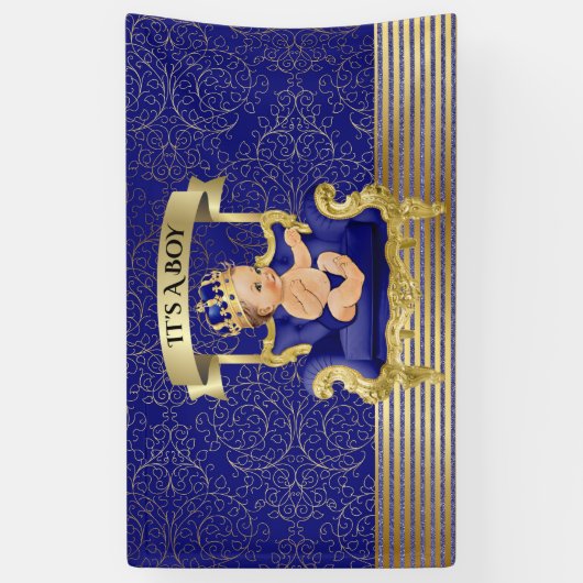 青および金ゴールドの男の子のベビーシャワーの旗 横断幕 (縦)