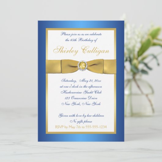 青および金ゴールドの第65誕生日の招待状 招待状 (スタンド正面)
