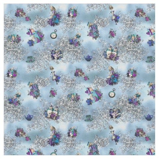 青および銀の不思議の国のキャラクターのアリス ファブリック (クローズアップ)