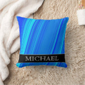 青および青緑色ラインパターン + 名前をカスタムするの枕 クッション (ブランケット)